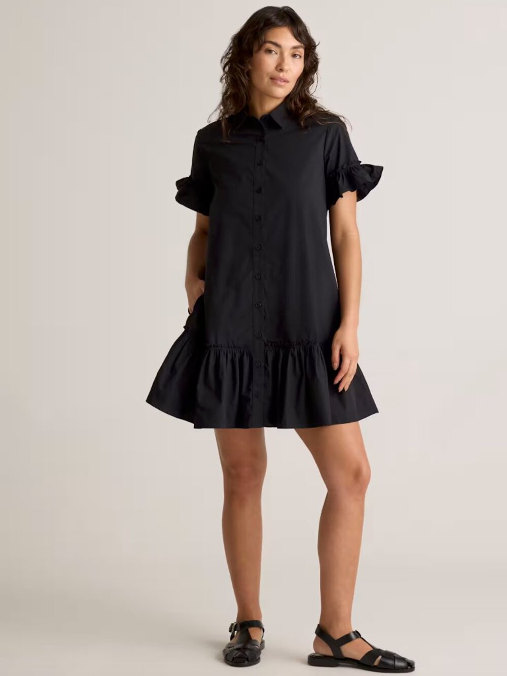 Quince 100% Organic Cotton Poplin Short Sleeve Ruffle Shirt Dress